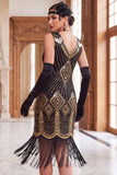 Vestido bodycon ajustado de los años 20 con escote en V y lentejuelas doradas negras con flecos y conjunto de accesorios de 5 piezas