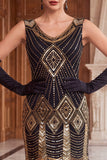 Vestido bodycon ajustado de los años 20 con escote en V y lentejuelas doradas negras con flecos y conjunto de accesorios de 5 piezas