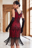 Vestido bodycon de los años 20 con flecos y flecos negros con jersey y conjunto de accesorios de 5 piezas