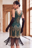 Vestido bodycon midi de los años 20 con escote en V con flecos y flecos verdes de lentejuelas doradas con conjunto de accesorios de 4 piezas