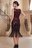 Vestido bodycon de tul con escote en V con flecos negros y lentejuelas rojas de los años 20 con conjunto de accesorios de 5 piezas