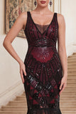 Vestido bodycon de tul con escote en V con flecos negros y lentejuelas rojas de los años 20 con conjunto de accesorios de 5 piezas