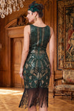 Vestido bodycon de tul en V con flecos de los años 20 con lentejuelas verde oscuro y set de accesorios de 4 piezas