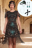 Vestido bodycon de los años 20 con flecos negros y verde y conjunto de accesorios de 4 piezas