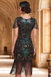 Vestido bodycon de los años 20 con flecos negros y verde y conjunto de accesorios de 4 piezas