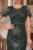 Bodycon conjunto de accesorios de los años 20 con cuello redondo verde oscuro y flecos de lentejuelas verde oscuro de bodycon 4 piezas