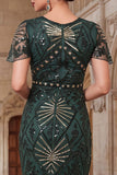 Bodycon conjunto de accesorios de los años 20 con cuello redondo verde oscuro y flecos de lentejuelas verde oscuro de bodycon 4 piezas