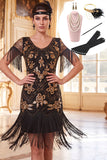 Vestido bodycon de los años 20 con jersey de 5 piezas con cuello redondo dorado y flecos de lentejuelas