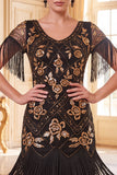 Vestido bodycon de los años 20 con jersey de 5 piezas con cuello redondo dorado y flecos de lentejuelas