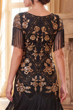 Vestido bodycon de los años 20 con jersey de 5 piezas con cuello redondo dorado y flecos de lentejuelas