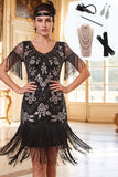 Vestido bodycon de los años 20 con flecos y lentejuelas plateadas negras y conjunto de accesorios de 4 piezas