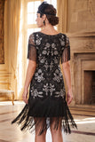 Vestido bodycon de los años 20 con flecos y lentejuelas plateadas negras y conjunto de accesorios de 4 piezas