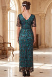Vestido largo de los años 20 con conjunto de accesorios de 4 piezas verde pavo real con escote en V y funda