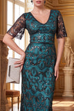 Vestido largo de los años 20 con conjunto de accesorios de 4 piezas verde pavo real con escote en V y funda