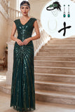 Vestido de tul de los años 20 con escote en V y escote en V verde oscuro con conjunto de accesorios de 4 piezas