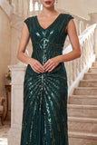 Vestido de tul de los años 20 con escote en V y escote en V verde oscuro con conjunto de accesorios de 4 piezas