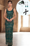 Vestido largo de los años 20 con flecos y verde oscuro con cuello redondo, con accesorios de 4 piezas