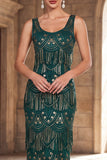 Vestido largo de los años 20 con flecos y verde oscuro con cuello redondo, con accesorios de 4 piezas