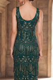 Vestido largo de los años 20 con flecos y verde oscuro con cuello redondo, con accesorios de 4 piezas