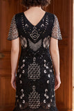 Vestido de los años 20, con jersey de 5 piezas y sepultura bodycon cuello en V y lentejuelas plateadas negras con flecos