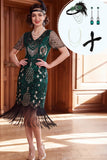 Vestido bodycon escote en V verde oscuro con flecos y conjunto de accesorios de 4 piezas