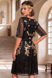 Vestido de los años 20 con conjunto de accesorios de 4 piezas de cuello redondo dorado negro