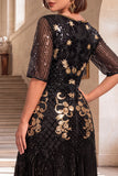 Vestido de los años 20 con conjunto de accesorios de 4 piezas de cuello redondo dorado negro