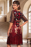 Vestido de los años 20 con conjunto de accesorios de 4 piezas de cuello redondo negro rojo