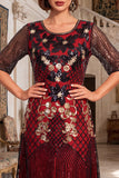 Vestido de los años 20 con conjunto de accesorios de 4 piezas de cuello redondo negro rojo