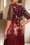 Vestido de los años 20 con conjunto de accesorios de 4 piezas de cuello redondo negro rojo