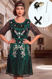 Vestido de los años 20 con conjunto de accesorios de 4 piezas de cuello redondo verde oscuro manga media línea A