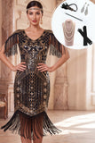 Vestido midi de los años 20 con escote en V y flecos en negro dorado con conjunto de accesorios de 5 piezas
