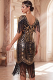 Vestido midi de los años 20 con escote en V y flecos en negro dorado con conjunto de accesorios de 5 piezas