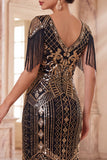 Vestido midi de los años 20 con escote en V y flecos en negro dorado con conjunto de accesorios de 5 piezas