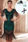 Vestido bodycon midi de los años 20 con escote en V verde oscuro y flecos con conjunto de accesorios de 4 piezas