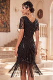 Vestido midi de los años 20 con escote en V y cuentas con cuello en V y lentejuelas, bodycon flecos y conjuntos de accesorios de 4 piezas
