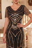 Vestido Bodycon Midi de los años 20 con escote en V y lentejuelas doradas negras con flecos y conjunto de accesorios de 4 piezas