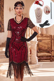 Vestido midi de los años 20, con escote en V negro rojo y flecos, con accesorios de 4 piezas