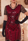 Vestido midi de los años 20, con escote en V negro rojo y flecos, con accesorios de 4 piezas