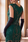 Bodycon Vestido Bodycon de Cuello Redondo con flecos y mangas de gorra Midi de los años 20 con conjunto de accesorios de 4 piezas