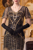 Vestido Bodycon Midi de los años 20 con escote en V y lentejuelas doradas negras con flecos y conjunto de accesorios de 4 piezas