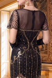 Vestido Bodycon Midi de los años 20 con escote en V y lentejuelas doradas negras con flecos y conjunto de accesorios de 4 piezas