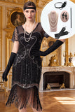Vestido bodycon midi de los años 20 con escote en V plateado y lentejuelas negras con flecos y conjunto de accesorios de 5 piezas
