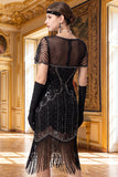 Vestido bodycon midi de los años 20 con escote en V plateado y lentejuelas negras con flecos y conjunto de accesorios de 5 piezas