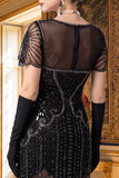 Vestido bodycon midi de los años 20 con escote en V plateado y lentejuelas negras con flecos y conjunto de accesorios de 5 piezas