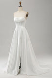 Elegante vestido de novia blanco una línea sin tirantes plisado de barrido de tren con división