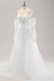 Vestido de novia blanco de encaje con apliques de novia de una línea A con mangas desmontables