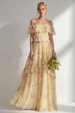 Vestido largo de dama de honor largo de gasa con volantes en línea A-line rosa amarillo rosado