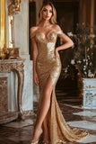 Vestido de fiesta con hombros descubiertos de sirena dorada brillante con abertura
