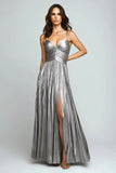 Vestido formal plisado metálico Sliver A Line con abertura